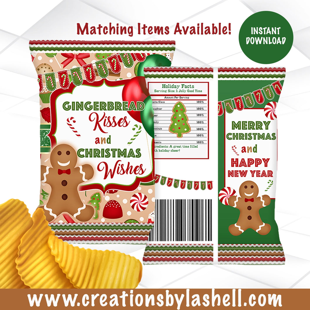 Christmas Gingerbread Kisses Chip Bag Wrappers Instant Download C2